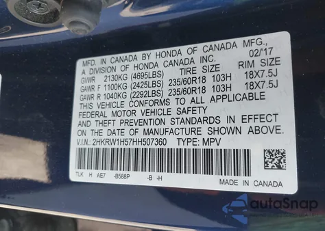 2017 Honda Cr-V Ex from USA, damaged, VIN 2HKRW1H57HH507360